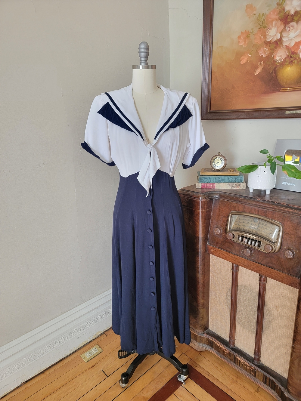 Vintage 80's Navy White Sailor-Style Pinup Dress 8 Medium